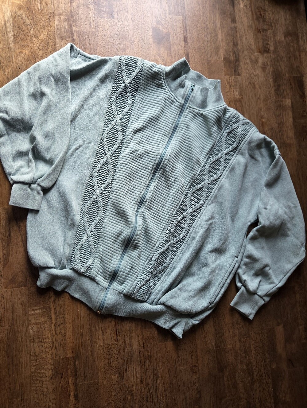 Vintage Multi Texture Light Minty Sage Zip-Front Sweatshirt With Shoulder Pads